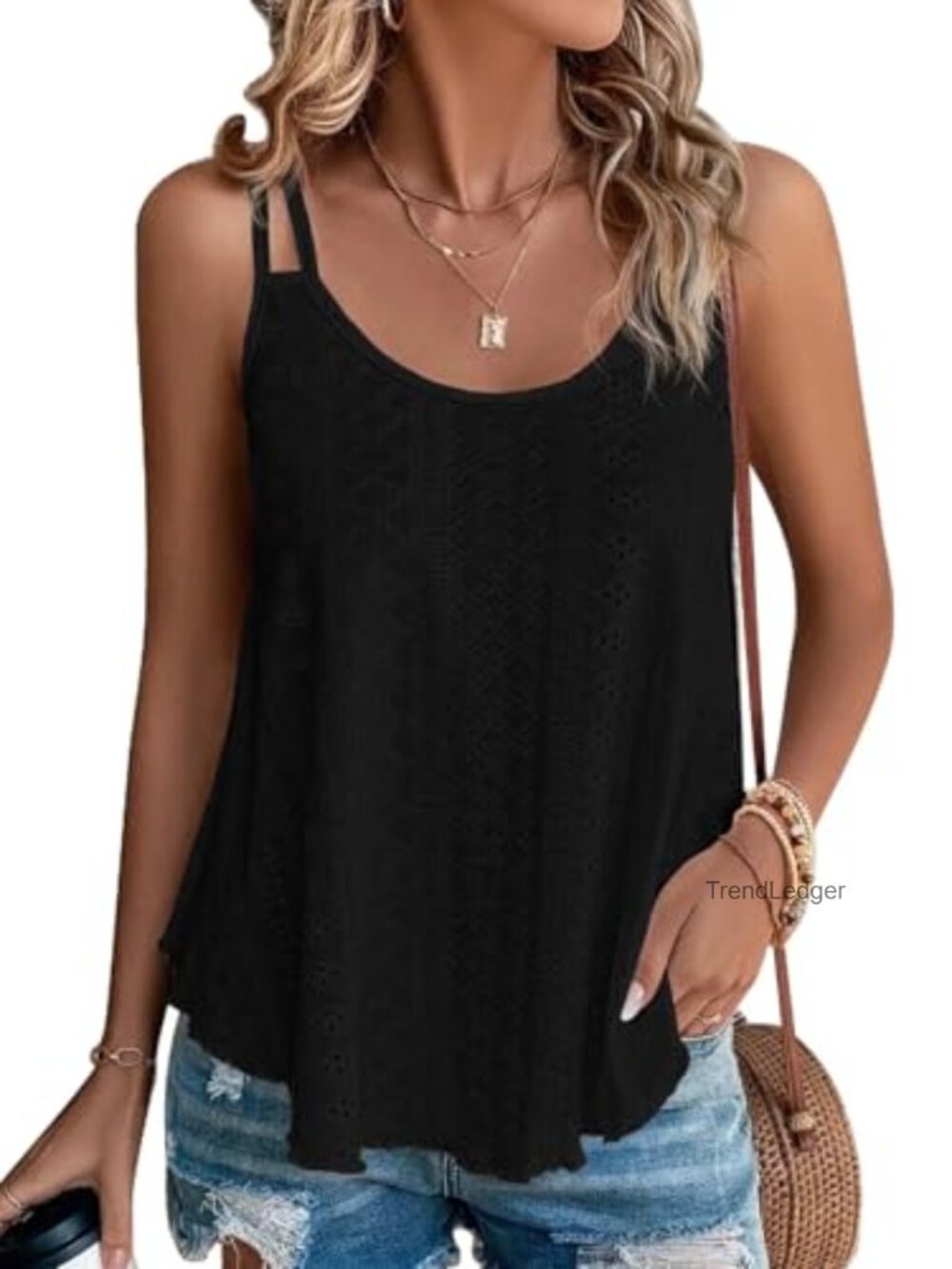 Women's Cute Spaghetti Strap Sleeveless Flowy Tank Top Summer Eyelet